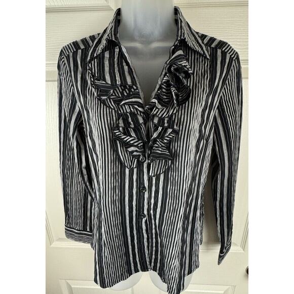Spense Ruffled Collared Striped Shirt Black Gray cottagecore coquettish M 50-26 - Picture 3 of 15